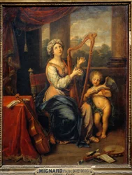 De heilige Cecilia zingt de lof van de Heer. De heilige bespeelt de harp en is omringd door instrumenten. Schilderij van Pierre Mignard (1612-1695), 1691. H. 0,74 x 0,56 m. Parijs, Musée du Louvre
