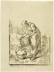 Vrouw die waterkannen vult