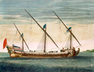 Een driemastige galei voortbewogen door riemen, uit Le Neptune Français, ca. 1693-1700