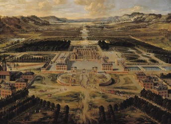 Perspectief van het Kasteel, de Tuinen en het Park van Versailles gezien vanaf de Avenue de Paris
