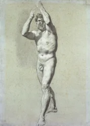 Studie van een man, met twee armen opgeheven boven het hoofd, lichtjes naar links gedraaid