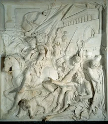 Alexander de Grote ontmoet de Griekse filosoof Diogene de Cynicus in zijn ton. Bas-reliëf marmer door Pierre Puget (1620-1694) 1693. Uit de Salle des cent Suisse (Louvre). Parijs, Louvre Museum
