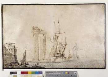 Schip tegen een verwoeste zuilengang
