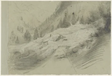 Lawine in een alpenlandschap, ca 1870 (zwart-wit krijt)