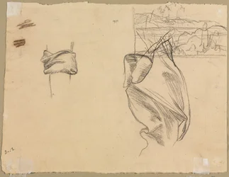 Studies van draperie en studie van een landschap (verso)
