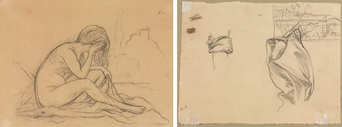 Studie van een vrouwelijk naakt (mogelijk voor een ongerealiseerd allegorisch schilderij) (recto); Studies van draperie en studie van een landschap (verso)