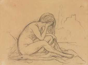 Studie van een vrouwelijk naakt recto, studies van draperie en studie van een landschap verso, 1800s