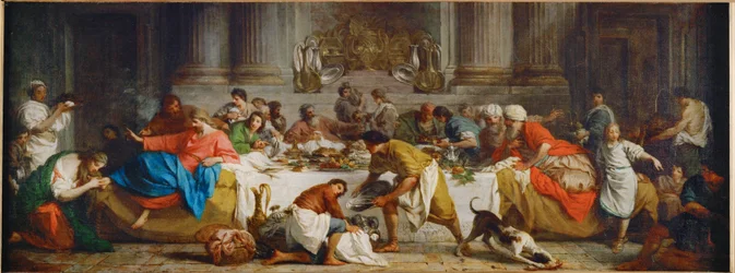De maaltijd bij Simon. De maaltijd in het huis van Simon. Martha giet olie over de voeten van Christus en droogt ze af met haar haar ...