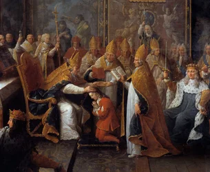De kroning van Lodewijk XV, koning Lodewijk XV (1710-1774) werd gekroond en gewijd op 25/10/1722 in de kathedraal van Reims door de aartsbisschop van Reims in aanwezigheid van de regent, de hertog van Orléans (1674-1723) en een grote menigte. Detail van sc