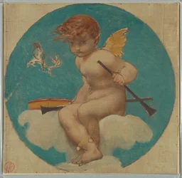 Studie voor rondel met putto die muziekattributen vasthoudt