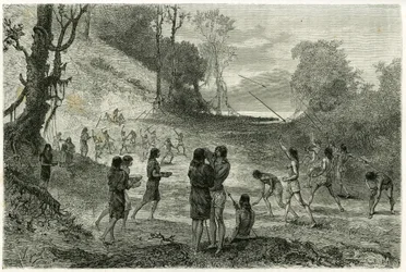 Speerwerpen tussen 2 stammen van Zaparros, mannen oefenen en vrouwen rijden rond de spelers zonder angst en serveren hen drankjes. Gravure ter illustratie van het verhaal 