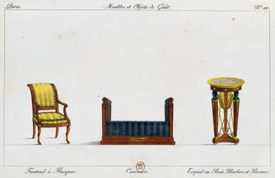 Fauteuil met flens, loveseat en driepoottafel, plaat 211, illustratie uit Collection de meubles et objects de goût (Collectie van meubels en smaakvolle objecten)