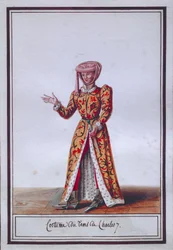 Damesmodeplaat met kostuum uit de tijd van Karel VII