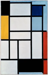 Compositie met rood, zwart, geel, blauw en grijs