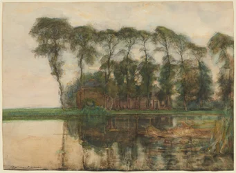 Boerderij aan het water, afgeschermd door negen hoge bomen