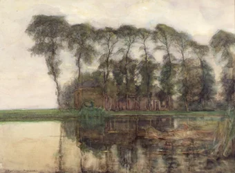Boerderij langs het water Afgeschermd door negen hoge bomen