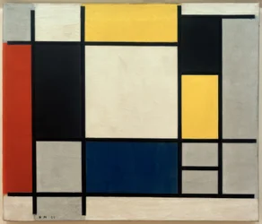 Compositie met geel, rood, zwart, blauw en grijs