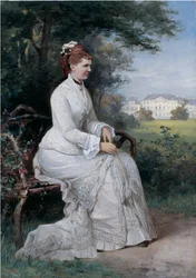 Portret van Prinses Emma van Waldeck-Pyrmont zittend op een Bank in het Park van Paleis Het Loo