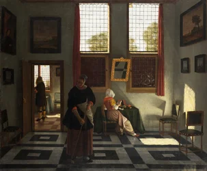 Interieur met Schilder, Vrouw Lezend en Dienstmeid Aan het Vegen, ca. 1665-70