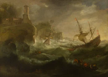 Schepen vergaan aan een rotsachtige kust