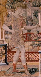 Vlaamse wandtapijt. Serie Vertumnus en Pomona. Vertumnus getransformeerd in een boer. Tweede wandtapijt in de serie. Linker deel de transformatie van Daphne. Model Kring van Pieter Coecke van Aelst. Fabrikant Wilhelm Pannemaker, Brussel. Ca 1545-1550.