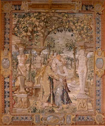 Vlaams wandtapijt. Serie Vertumnus en Pomona. Vertumnus kust Pomona. Zevende wandtapijt in de serie. Model Kring van Pieter Coecke van Aelst. Manufacture Wilhelm Pannemaker, Brussel. Ca 1545-1550. Stof Goud, zilver, zijde en wol. Grootte 430 x 365 cm.