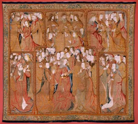 Vlaams wandtapijt. Serie Triomfen van de Moeder of Paños de Oro. God stuurt de aartsengel Gabriël. Eerste wandtapijt in de serie. Model Colin de Cooter(?). Manufacture Pieter van Aelst (of van Edingen), Brussel. Ca1500-1502.