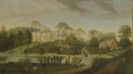 Uitzicht op het terras met zicht op het kanaal naar de zijkant van de villa, Chiswick Villa