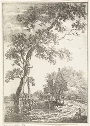 Landschap met boom, brug en huis