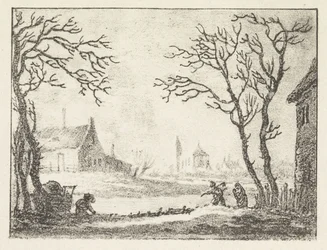 Winterlandschap met huizen en figuren