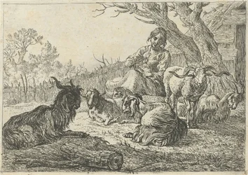Herderin te midden van geiten en schapen