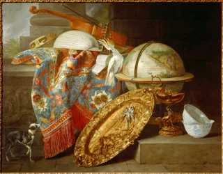 Stilleven met globe en kaketoe