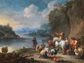 Veehoeders en hun kudde rusten uit naast een rivier