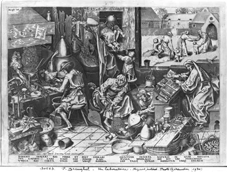 De Alchemist aan het werk, gegraveerd door Hieronymus Cock (c.1510-70)