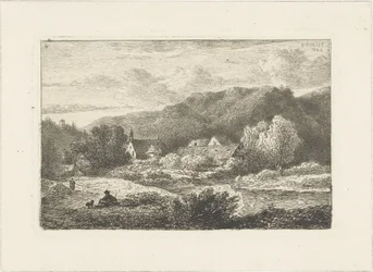 Heuvellandschap met kerkje en huizen