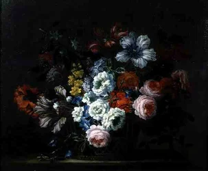 Stilleven van Rozen, Pioenen, Tulpen en Winde in een Mand