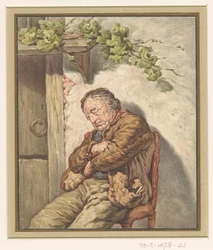 Lou de knecht van de bakker, voor het huis ingeslapen in het zonlicht