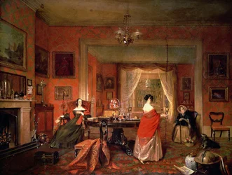Drie dames in een interieur van een salon