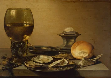 Ontbijtstilleven met oesters, zout, brood en noten