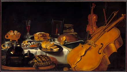 Stilleven met muziekinstrumenten, een schildpad, een pastei, een glas wijn en brood (1597-1661), Hollandse school, 1623, Sun. 0,69 x 1,22 m