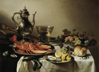 Tafel met kreeft, zilveren kan, grote Berkemeyer, fruitschaal, viool en boeken, 1641