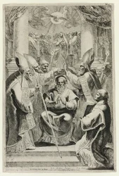 Wijding van de bisschop van Noyon met scène van Pinksteren erboven