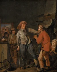 Soldaten die een boerenhuis binnenvallen