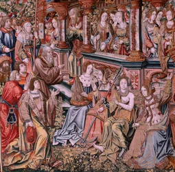 Vlaamse wandtapijt. Serie De Eerbewijzen. Deugd. Achtste wandtapijt in de serie. Model Cartonisten uit de kring van Bernard van Orley en Jan Gossaert (Mabuse). Manufacture Pieter van Aelst, Brussel. Ca 1550.