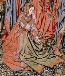 Vlaamse wandtapijt. Serie De Passie van Christus. De Kruisafneming. Tweede wandtapijt serie van de Passie van Christus behorend tot het Patrimonio Nacional. Model Cartonisten uit de kring van Jan van Roome. Manufacture Pieter van Aelst, Brussel.