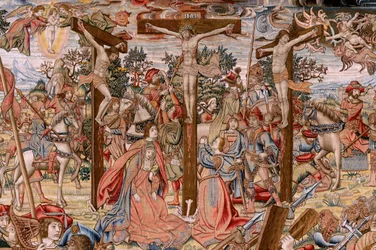 Vlaams wandtapijt. Serie Het lijden van Christus; de weg naar Golgotha en de ontmoeting met Veronica (Camino del Calvario y encuentro con la Verónica). Eerste van de wandtapijten die door het Nationaal Erfgoed worden bewaard. Ontwerptekenaars uit de kring