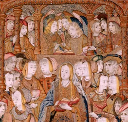Vlaamse wandtapijt. Serie Triomfen van de Moeder of Paños de Oro. Annunciatie. Tweede wandtapijt in de serie. Model Colin de Cooter (?). Manufacture Pieter van Aelst (of van Edingen), Brussel. Ca 1500-1502.