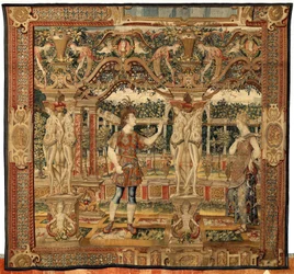 Vertumnus en Pomona: Vertumnus getransformeerd in een snoeier, ca. 1550 (goud, wol en zijde)