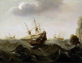 Een boot gevangen in een woeste zee, met boten die voor de storm vluchten in de verte en, rechts, rotsen die uit het water oprijzen (ca. 1620)