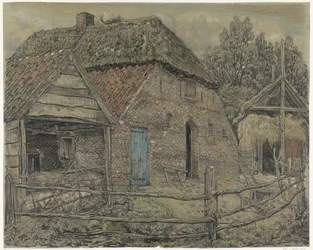 Grote boerenschuur, met een varkenshok ervoor